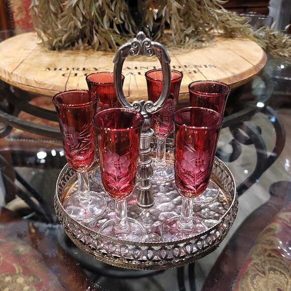 Vintage Federal Etched Cranberry Cordial Glass Set Leonard Silver Plate Caddy - Picture 1 of 7